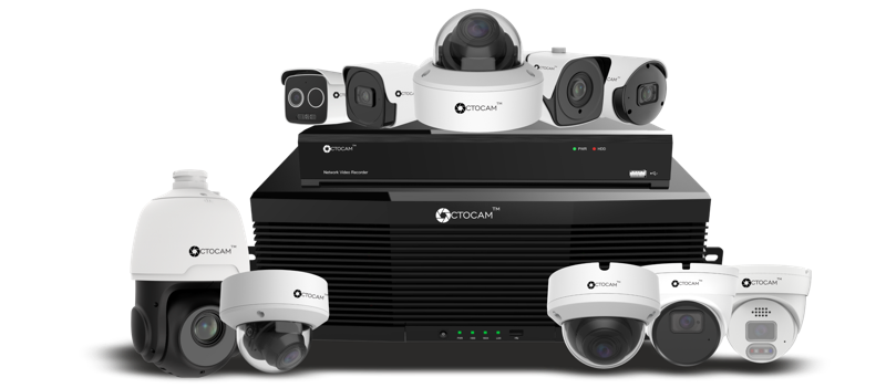 The Octocam Lumina range: PTZ speed domes, bullets, domes and turrets grouped around two rackmount network video recorders.