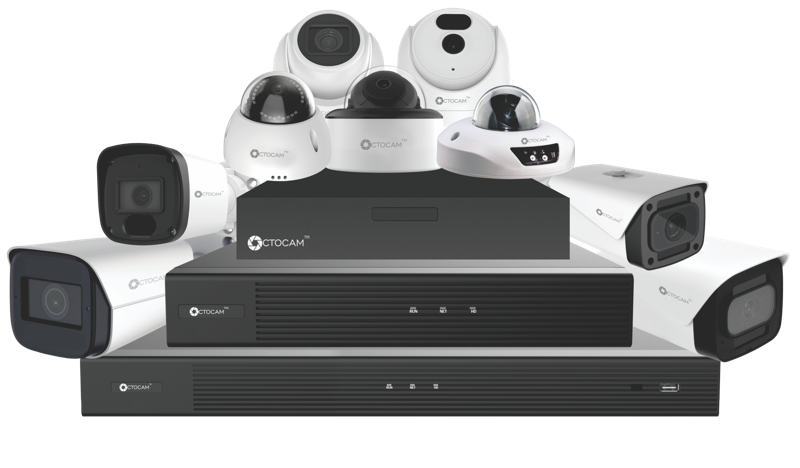 The Octocam Nova range: bullet, dome and mini-dome cameras arranged around three rackmount network video recorders.
