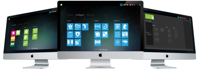 The Genius Vision VMS manager interface running across three monitors